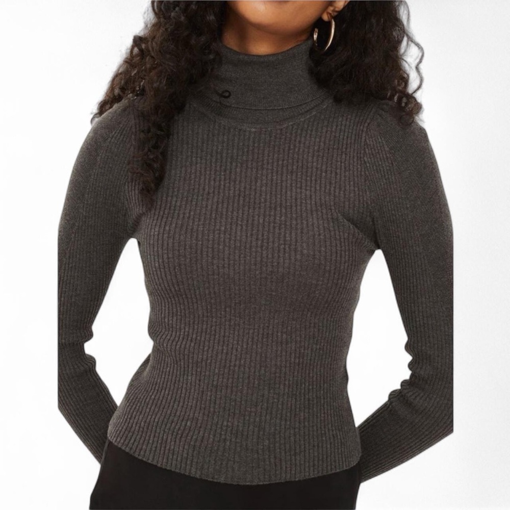 Topshop Ribbed Turtleneck Sweater Puff Sleeve Charcoal 2